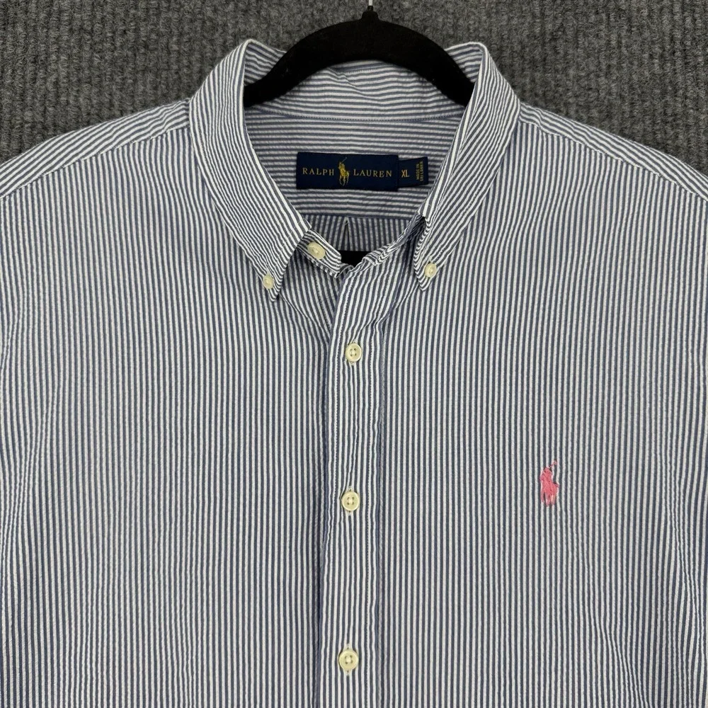 Ralph Lauren mens XL striped seersucker short sleeve button shirt pink pony prep
